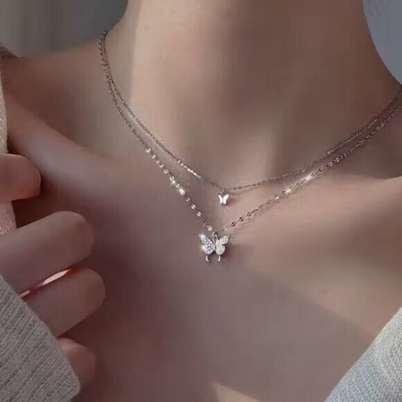 Anthropologie Jewelry - Stainless Steel Silver Double Layered Butterfly Necklace
